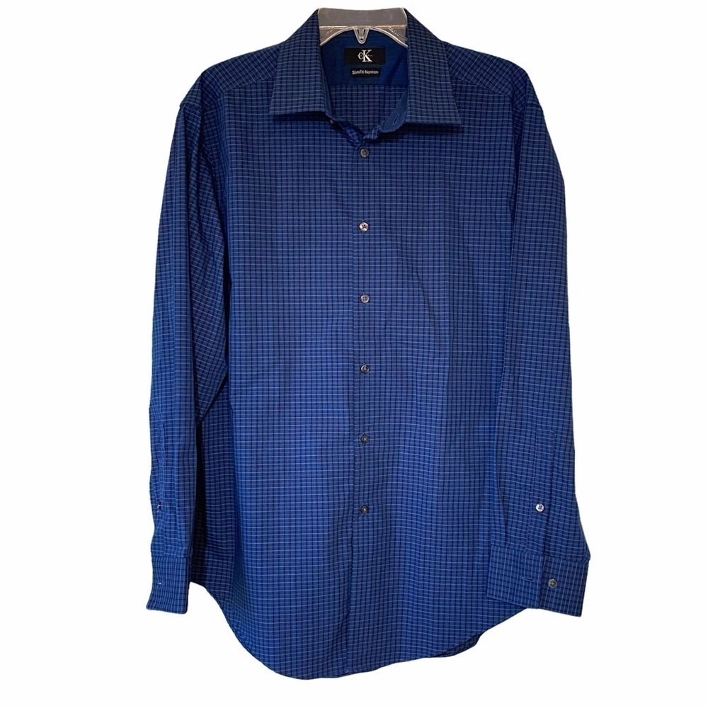 Calvin Klein Long Sleeve Button Down Blue Plaid Shirt Sz Large